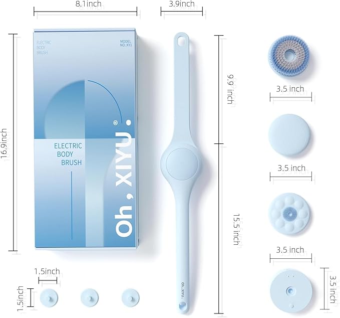 Oh,XIYU. Electric Body Brush Back Scrubber for Shower, Waterproof Long Dual Handle Power Body Scrubber with 3 Heads, Rechargeable Bath Brush & 2 Speeds, for Cleansing, Exfoliating and Massaging Skin