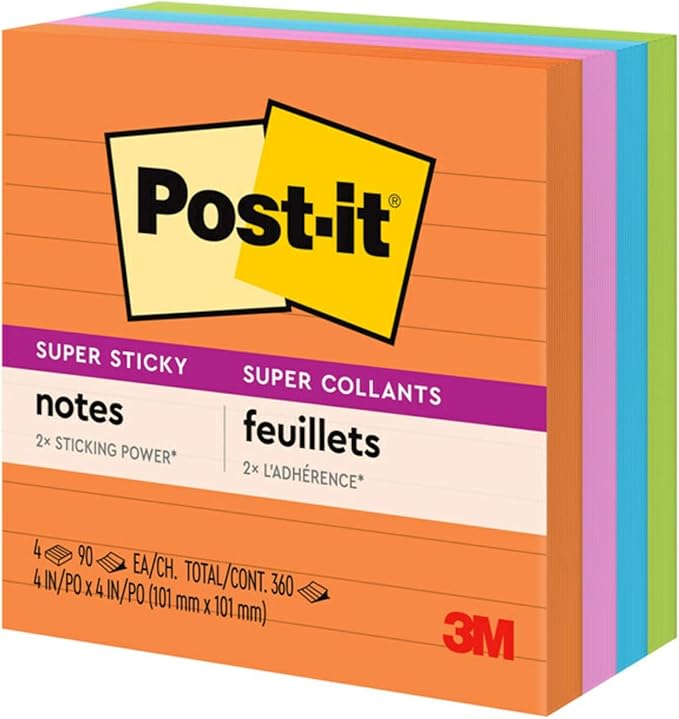 Post-it Super Sticky Notes, 4x4 in, 4 Pads, 2X The Sticking Power, Rio de Janerio Collection, Bright Colors (Orange, Pink, Blue, Green),Recyclable (675-4SSUC)