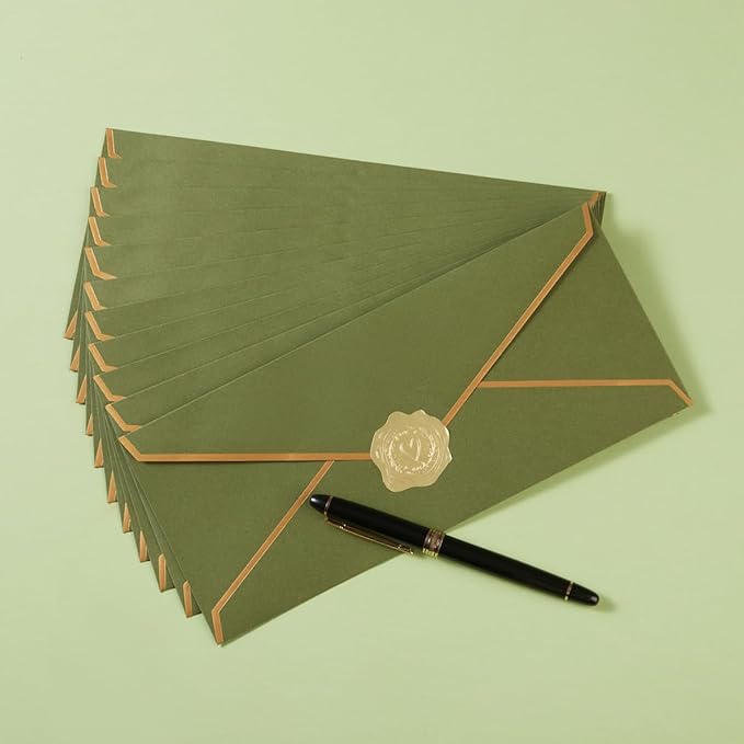 50 Pack #10 Business Envelopes with Gold Border, Self Seal Standard Envelopes with Gold Stickers for Office, Checks, Letter Mailing, Invoices, 4 1/8 x 9 1/2 Inches (Olive Green)