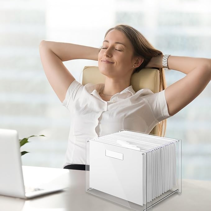 24 Hanging File Folder with Acrylic Organizer for Letter/a4 Size Desktop Clear File Storage Box with Handles for Home Work Office Use(White,Classic)