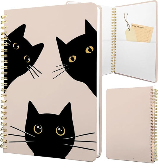Cute Spiral Notebook journal A5 Aesthetic Pretty Floral Design for Women Girls Kawaii with Pocket, 8.5 x 5.7 inch, Black Cat