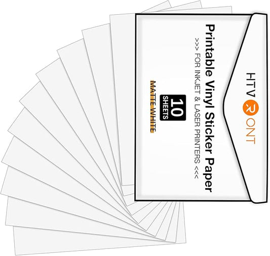HTVRONT Printable Vinyl for Inkjet Printer & Laser Printer - 10 Sheets Matte White Printable Vinyl Sticker Paper Vivid Color Dries Quickly, 8.5"x11" Tear Resistant