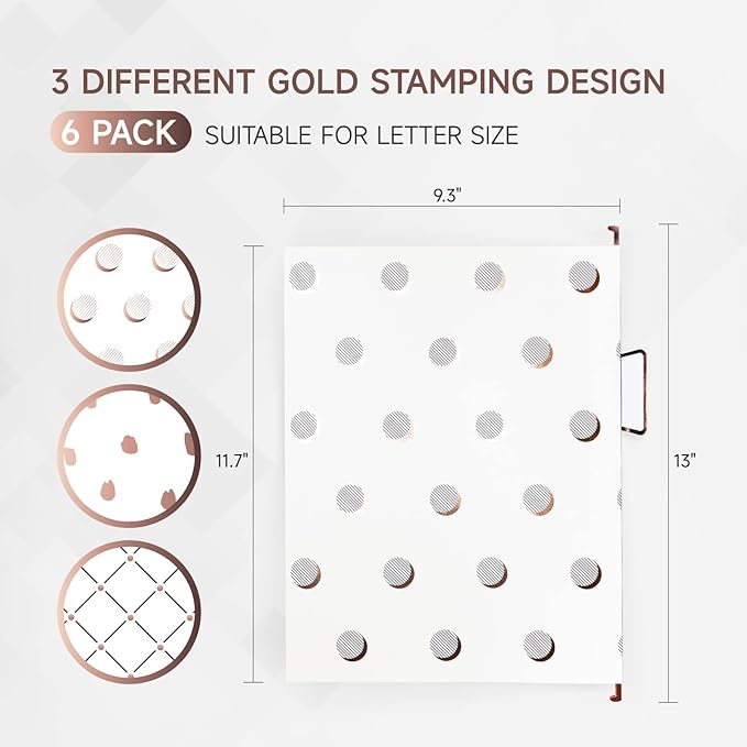 Y YOMA 6 Pack Rose Gold Hanging File Folders Letter Size Decorative File Folder Cute Pretty Hanging Folder Organizer for Filing Cabinet Office Home with 1/5-Cut Adjustable Tabs, 3 Gold Foil Design