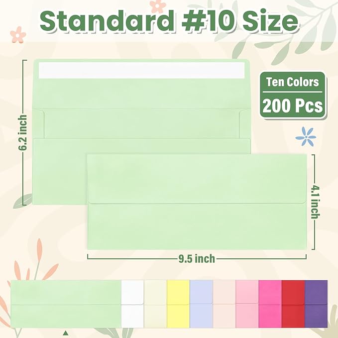 Colorful #10 Business Envelopes Self Seal 200 Pack, Colored Envelopes Letter Size, Standard Mailing Envelope for Office, Checks, Letters, Invoices, Statements, Wedding, 4-1/8 x 9-1/2 inch