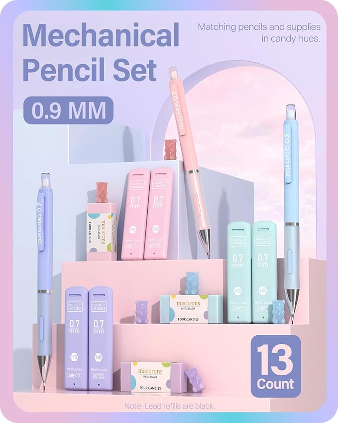 Four Candies Cute Mechanical Pencils 0.9 mm, Pencil Set with 360PCS Lead Refills & Pastel Erasers, School Supplies with Case