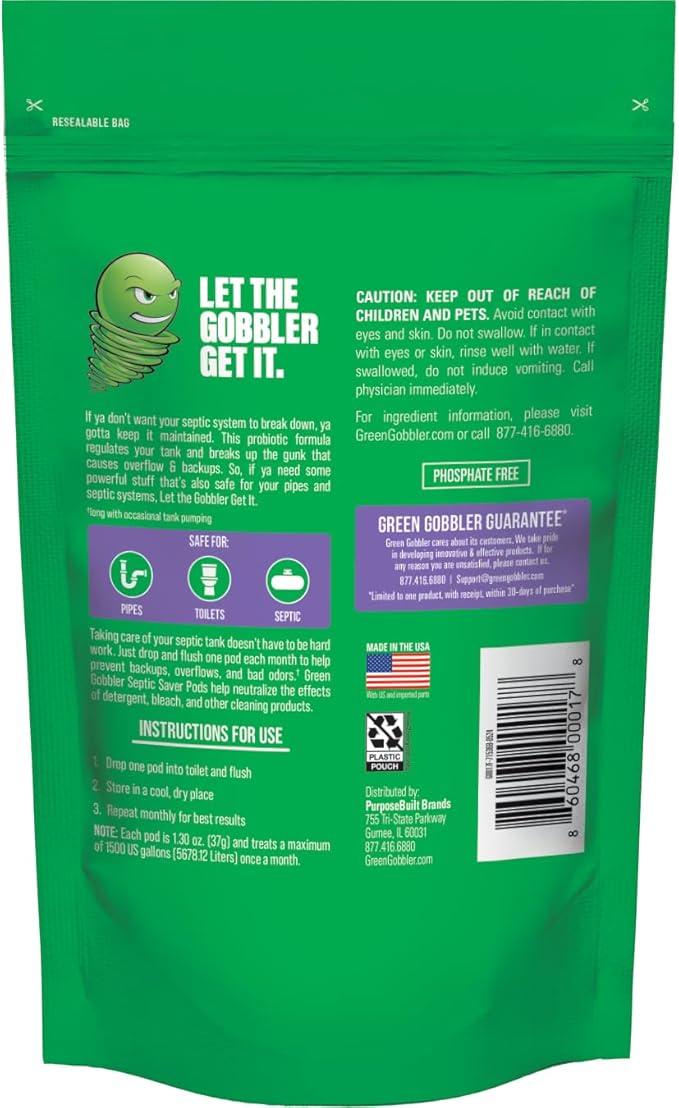 Green Gobbler Septic Tank Enzyme Treatment Packets, 6 Month Supply - Powerful & Natural Bacteria to Prevent Costly Septic Issues, Back-Ups