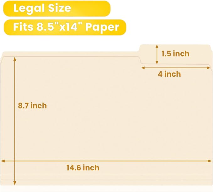 SUNEE Manilla Folders Legal Size (14 x 8.5 inches),100 Per Box, Durable Paper File Folders with 1/3 Cut Tab for Office, Legal Documents, Filing, and Organizing