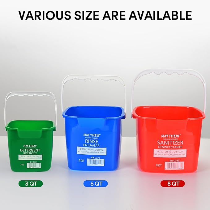 Matthew Detergent&Sanitizing Cleaning Bucket 6 Quart Plastic Pail,Set of 12 Square Containers,Built-in Spout w/Handle,Wash Rinse Sanitize Handwash Bucket for Home Office Commercial Restaurant (Green)