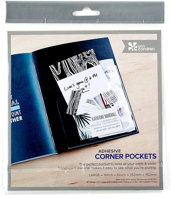 Adhesive Clear Corner Storage Pockets. Set of 2, Large 6" x 6". Adds Extra Storage Space to Folders, Notebooks, and Journals. Cuttable Sticky Peel and Stick.