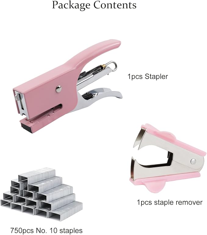 Small Hand-held Stapler Set, 15 Sheet Capacity, includes 750Pcs Staples and A Staple Remover, Mini Desktop Stapler for Office, School, Home or Travel Use. (Pink)