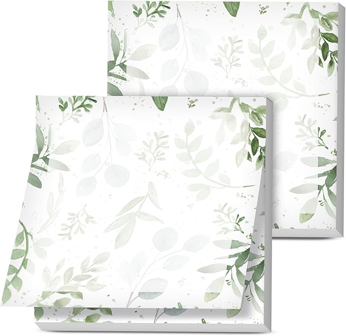 Sticky Notes, 2 Pads, 3x3 inches, Cute Colorful Fun Self-Stick Note Pads, Easy Post, Strong Adhesive Notepad Green Leafy Pattern