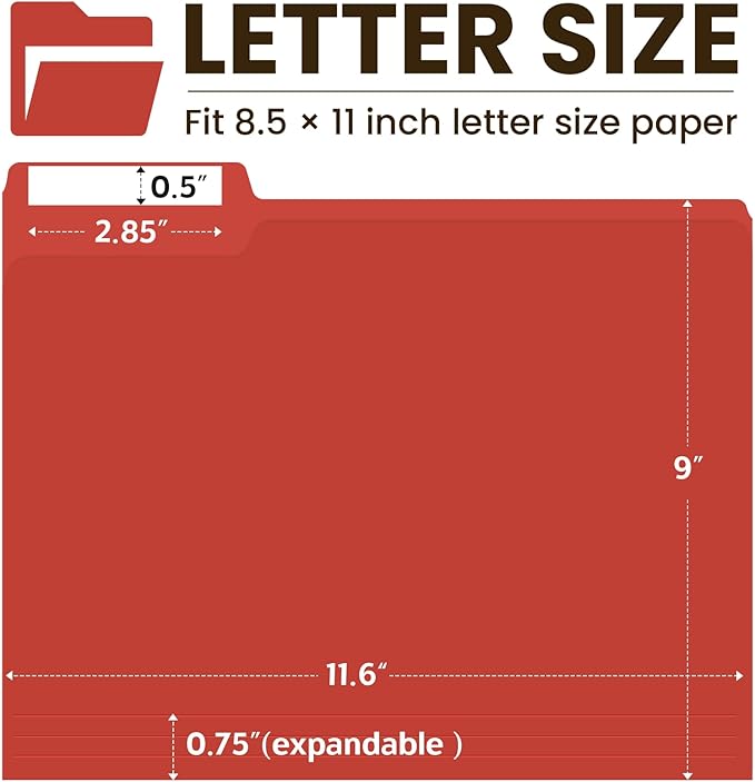 Colored File Folders Letter Size, 60 Pack Red Folders 1/3 Cut Tabs, Assorted Pastel Color Office School Buiness Folders for Filing Organization, Paper File Folder Bulk Set