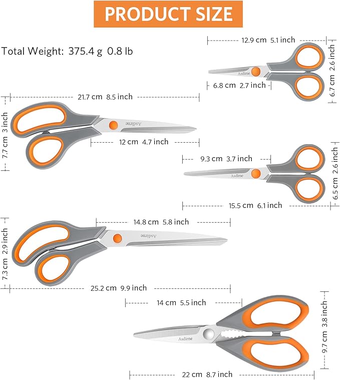 Kitchen Scissors Set, Knife-Grade Stainless Steel, TPR Comfortable Handle All Purpose Scissors, Include One Poultry Shears and Four Different Sizes of Cooking Scissors, Perfect Kitchen Partner