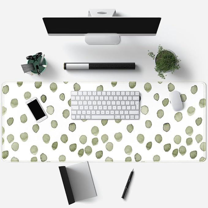 Cute Polka Dot Minimalist Green Keyboard Pad Simple & Atmospheric Desk Mat XL Large Mouse Pad for Women Office Desk Decor Desk Pad with Stitched Edges 31.5x11.8in, Computer Laptop Pad Gaming Mousepad