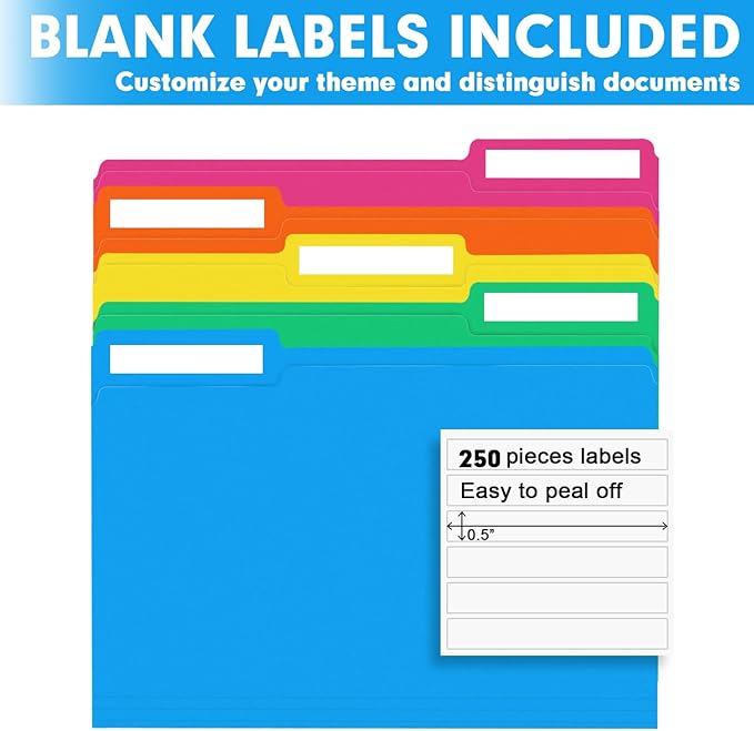File Folder, RAZCC 250 Pack 1/3 Cut Tab Colored Folders, Colored File Folder Letter Size for Office Classroom Use, Folders with Tabs Assorted 5 Colors