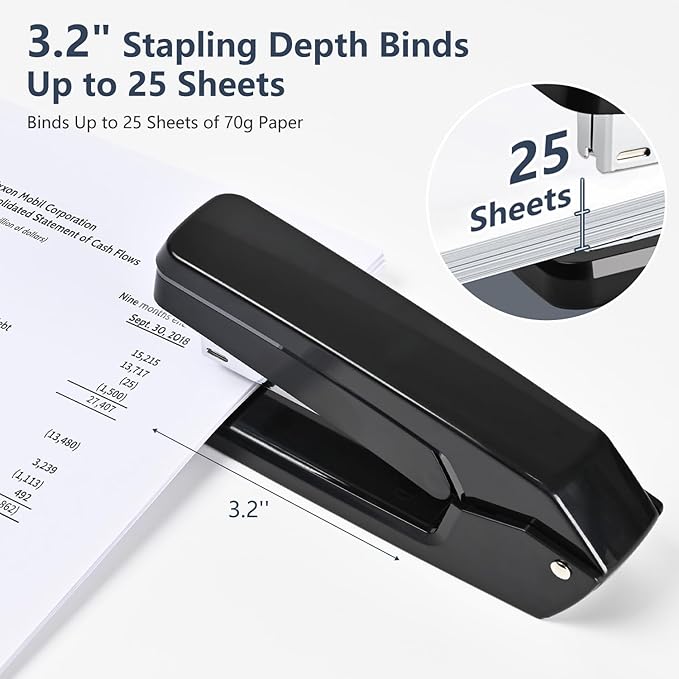 MJMX 360° Rotating Swing-Arm Stapler, 25-Sheet Capacity, with 1000 Staples, 8-Position Lock, ABS Durable Design, for Office/Home/School (Black)