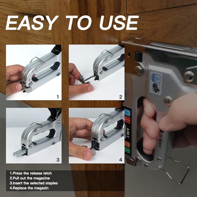 Upholstery Staple Gun Heavy Duty, DEWBIN 4 in 1 Stapler Gun with 2000 Staples, Remover, Manual Brad Nailer Power Adjustment Stapler Gun for Wood, Upholstery, Carpentry, Decoration DIY Staple Gun