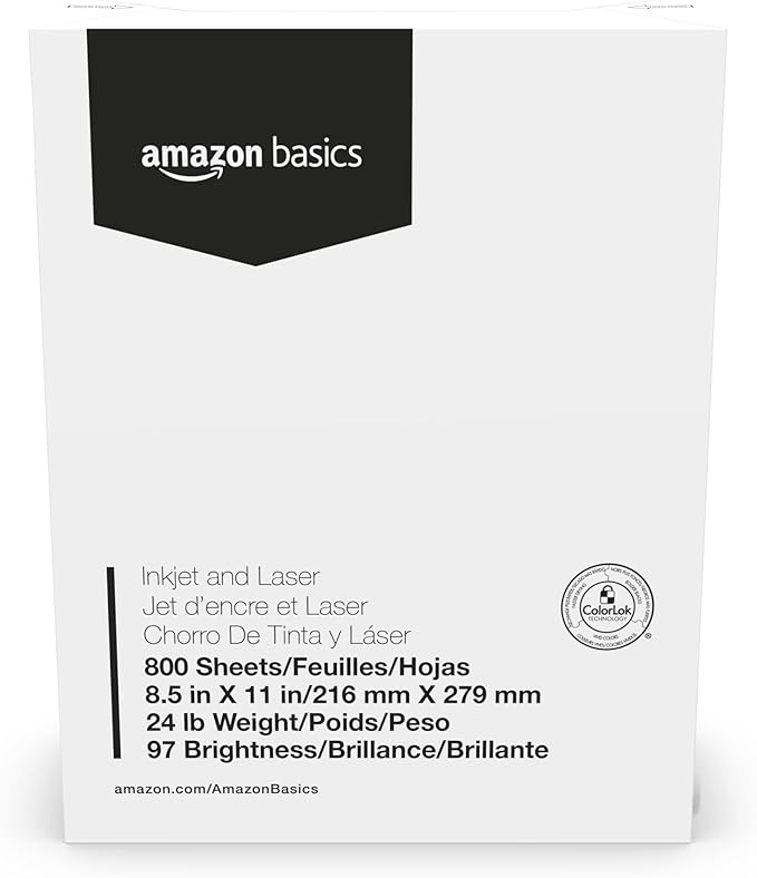 Amazon Basics Multipurpose Copy Printer Paper, 8.5 x 11 Inches , 24 lb, 1 Mega Ream, (800 Sheets), 97 Bright, White