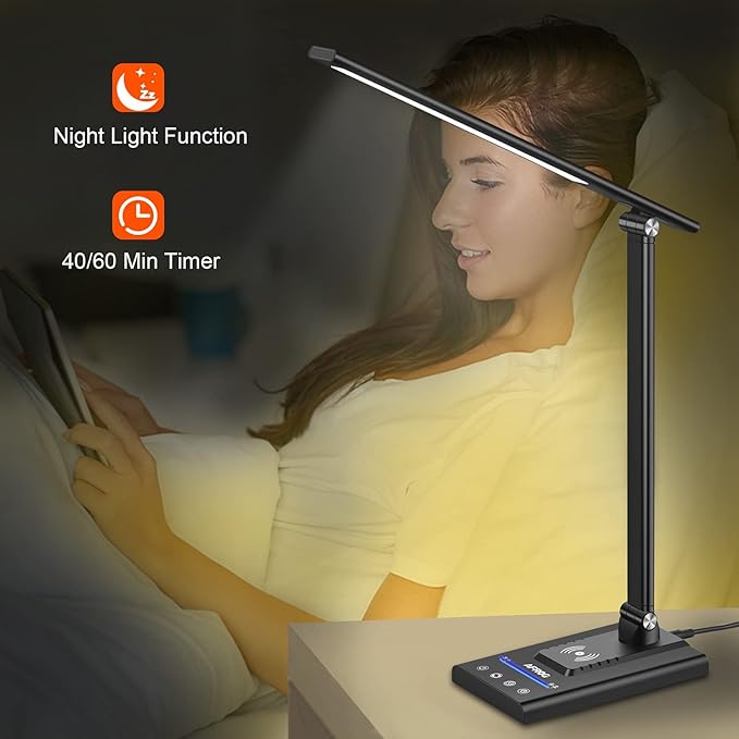 AFROG 5th Gen Multifunctional LED Desk Lamp with 10W Fast Wireless Charger, USB Charging Port,1800Lux Super Bright,5 Lighting Mode,7 Brightness, Touch Control, Auto Timer, 15W Office Table Lamp
