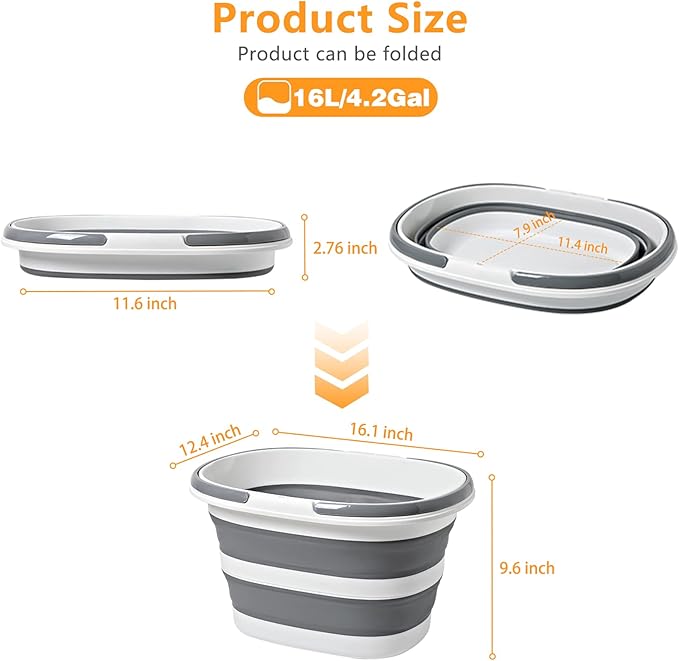 Large Collapsible Bucket 4.2 Gallon (16L) for House Cleaning, Camping, and More - Space Saving, Multiuse Water Bucket for Cleaning Mop - Lightweight and Portable (Grey-1)