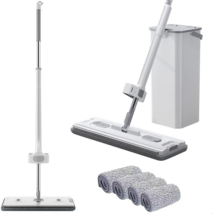 AQWEI Large Flat Mop with Bucket, 54" Large Flat Mop with Wringer, Wet and Dry Large Flat Mop with 4 Microfiber Pads (White)