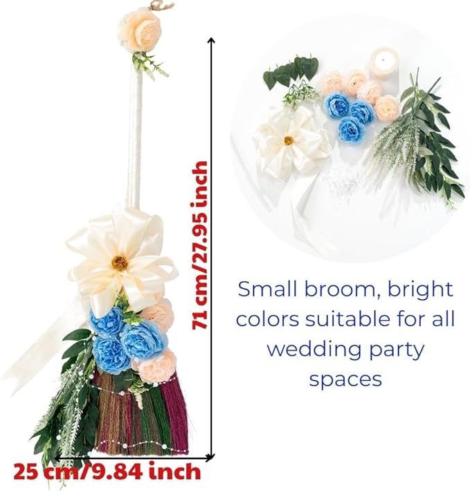 TTS For Home - Elegant Wedding Brooms Bride Bridegroom, Jumping The Broom for Wedding, Natural Whisk Broom with Ribbons, Artificial Pearl, Leaves,Roses for Decorative