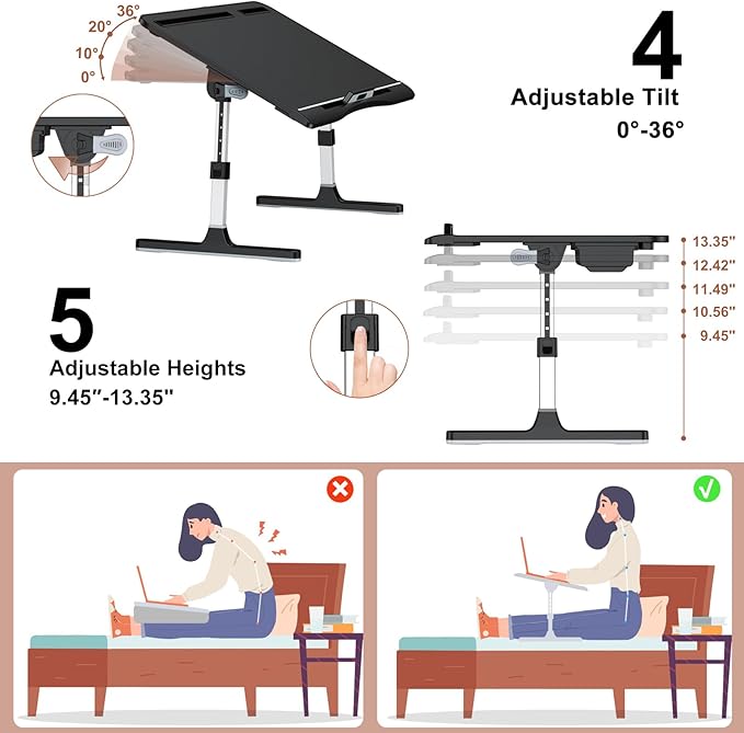 Laptop Bed Table, Potuopy Adjustable Leather Computer Lap Desk, Wide X-Large Folding Bed Desk Tray with Drawer on Couch Floor Bed for Writing Eating Drawing Working, Black