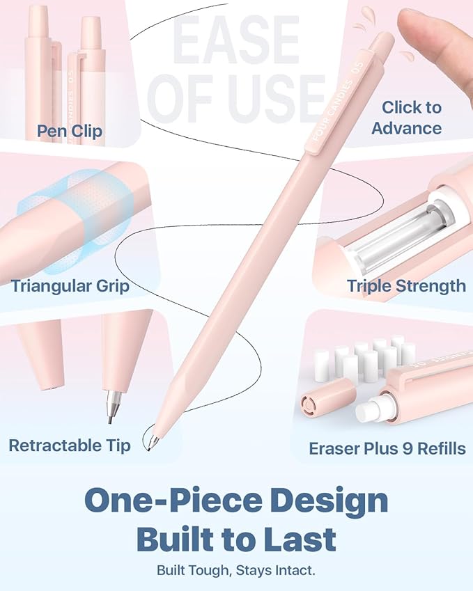 Four Candies Mechanical Pencils 0.5, with HB & 2B Lead Refills 0.5mm, Pastel Eraser Set & Eraser Refills, 16-Count Pack with Case, Cute Aesthetic School Supplies for Writing, Drawing and Drafting