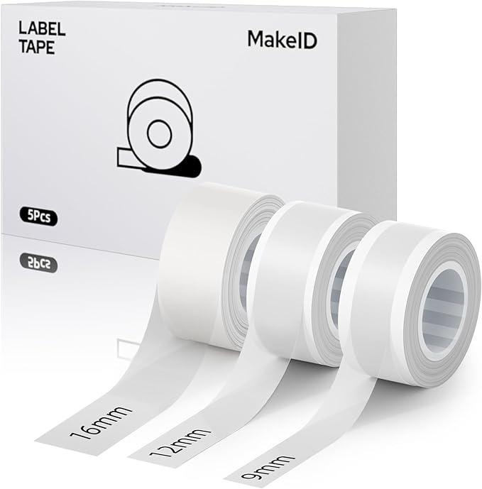 MakeID E1 Q1 Label Maker Tape Refills, 3-Roll 9/12/16mm Continuous Consumables Thermal Laminated Office Labeling Tape Replacement