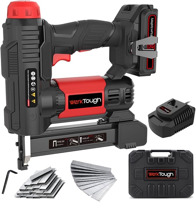 20v Cordless Staple Gun Brad Nailer 2 in 1 Aluminum Metal magzine 1 Hour Fast Charger 2000mA Lithium Battery 2000pcs Free Staples(90 4/5”1000+18GA 1”x1000) in Tool Case