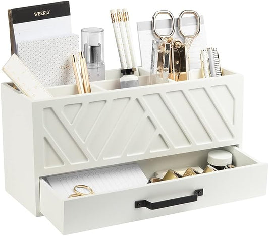 BLU MONACO Stylish White Wooden Pen Holder for Desk: Keep Pens, Markers, and More Organized. With 6 Storage Compartments and a Drawer. Pencil Holder, Marker Storage, and Desk Organizers