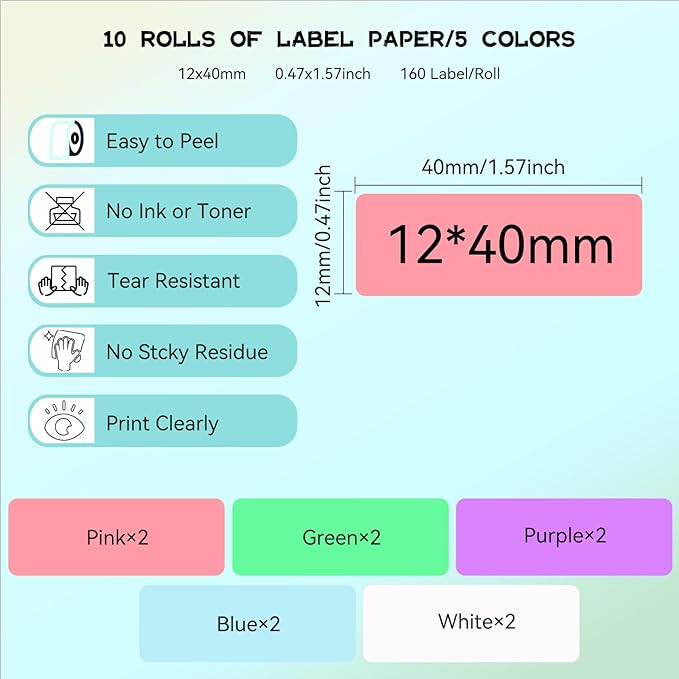 EEBBL D30 P21 Label Maker Tape Refill 12mm×40mm(0.47"x1.57") Sticker, Laminated Thermal Label Tape Replacement, 1650 Labels/10Rolls, High Definition Labeling Tape for Home Office School Hotel