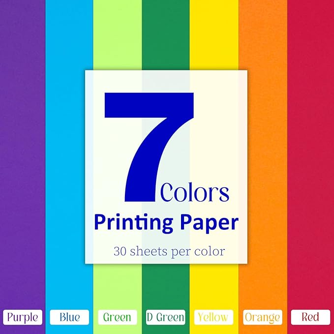 Colored Printer Paper 8.5x11 in 210 Sheets Premium 32 lb/120 GSM Laser 7 Color Rainbow Letter Size Paper for Arts Crafts DIY Projects School Office Supplies Origami Kids