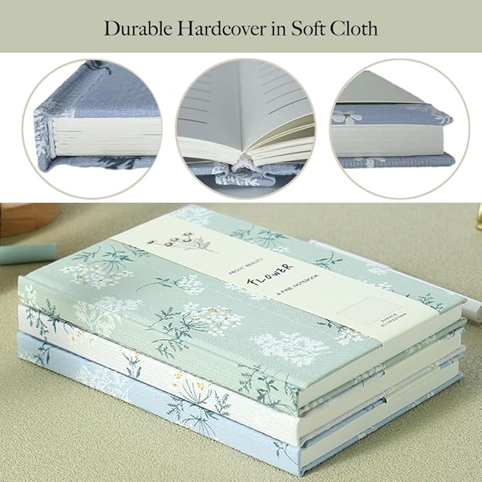 Floral Hardcover Notebook, Flower Journal for women, A5, 200 Pages, 6x8 Medium Lined Notebook, Floret Printed Fabric Cloth Journal, Similar Embroidered Linen Journal, Garden Journal, Green.