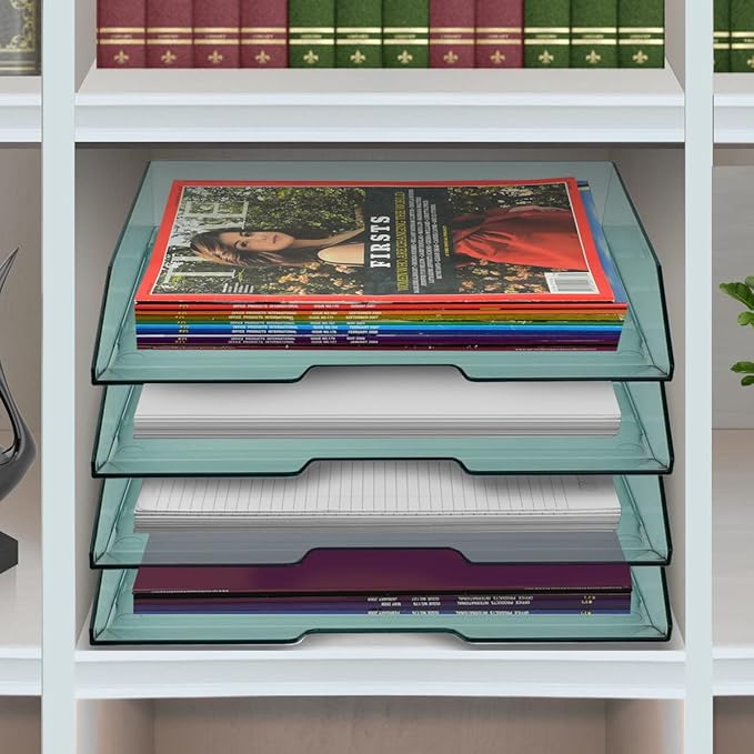 Acrimet Stackable Letter Tray 4 Tier Side Load, Plastic, Desktop File Organizer (Clear Green Color)