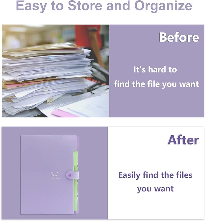 Forvencer Accordion File Organizer, Letter Size, 5 Pocket Expanding File Folder, Cute File Folder with Labels, Portable File Organizer for School Office Supplies, Folders for Documents, Purple