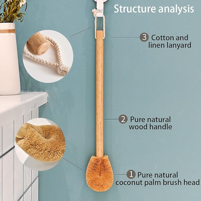 Toilet Brush, Natural Coconut Fibre Brush Head and Rubber Wood Handle, Great for Bathroom