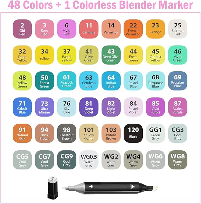 Alcohol Markers, 48 Colors Dual Tip Art Marker, Drawing for All Artists Paint Markers Pen with Carry Case Sketching Coloring