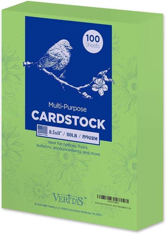 Veritas Green Colored Cardstock, 8.5" x 11" Colored Copy paper, 110LB/199GSM Printer Paper, 100 Sheets (1 Reams), Colored Multi-Purpose Paper, Made in USA
