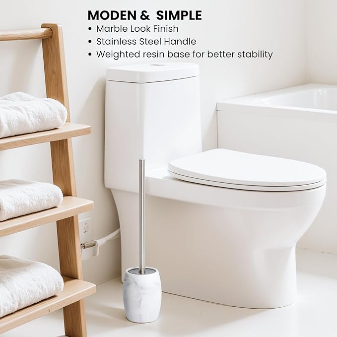 Toilet Bowl Brush and Holder with Stainless Steel Long Handle, Toilet Scrubber Brush with Durable Base, 360° Deep Cleaning Bristles for Bathroom, Compact Set for Small Space (White)