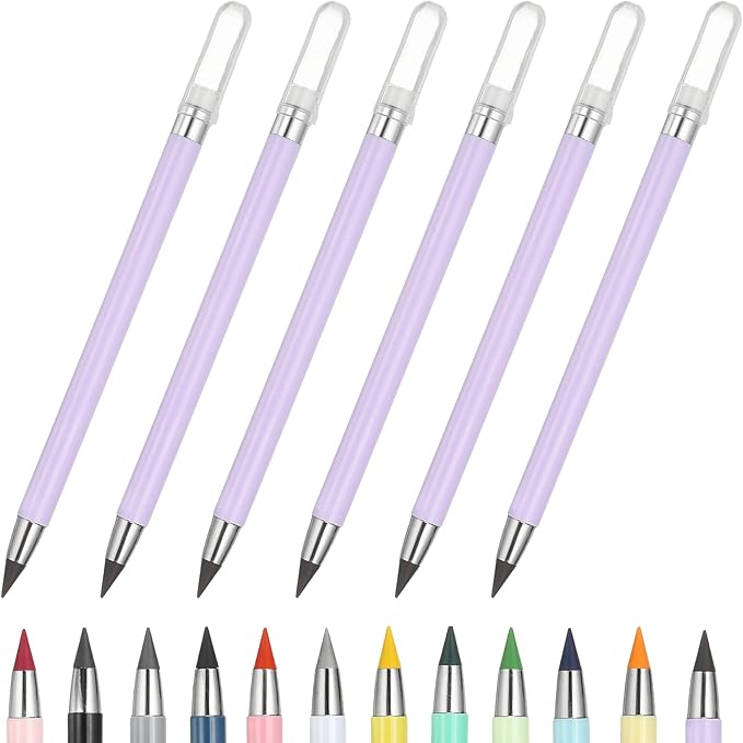 PATIKIL Forever Pencil, 6 Pcs Mechanical Sharpened Cute Metal Pencils Set for Coloring Book Sketch Drawing Writing Art Beginner, Purple