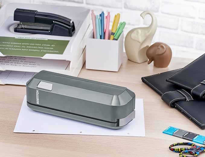 Bostitch Office Electric 3-Hole Punch, Dual Paper Loading, Heavy Duty, Jam-Free 20 Sheet Capacity, AC Adapter or Battery Powered, Space Saving, Grey, (EHP20-GRY)
