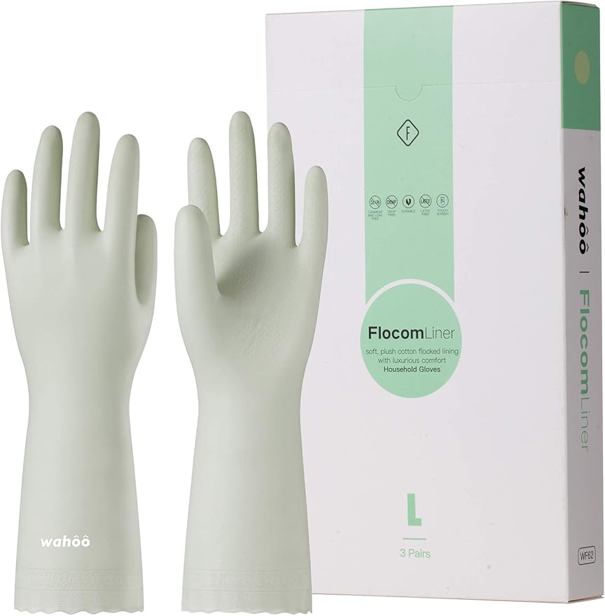 LANON 3 Pairs wahoo Skin-Friendly Cleaning Gloves, Dishwashing Kitchen Gloves with Cotton Flocked Liner, Reusable, Non-Slip, Canary Green, Small