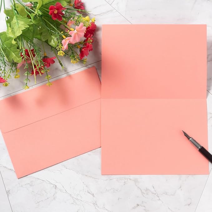 Wishop 50 Pack Pink 4x6 Self-Adhesive Envelopes with Fold Cards 5 Colors for Wedding Invitations and Greeting Cards (Pink 5 Colors, 4x6)