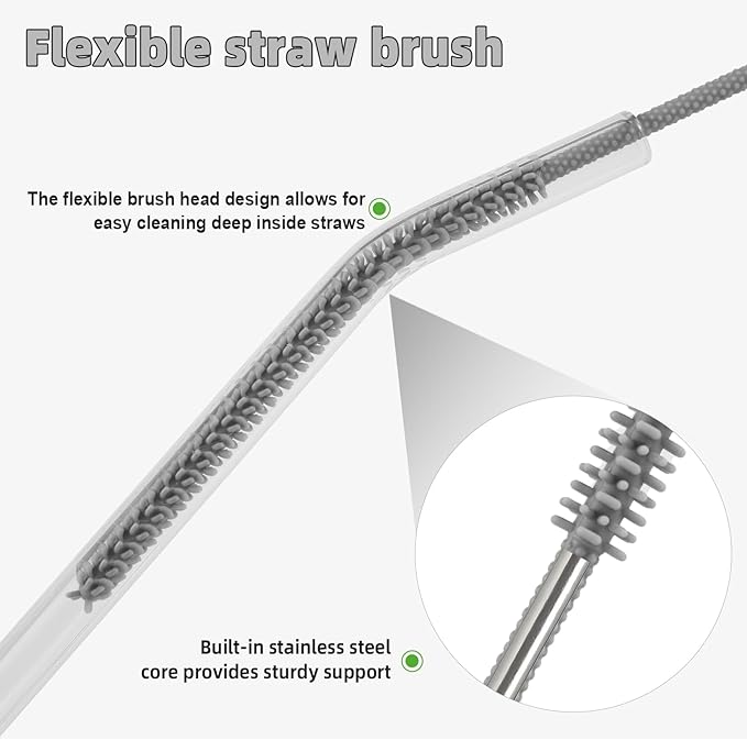 TenderBloom Silicone Straw Cleaner Brush, 4-Piece Reusable Straw Brush Set with Extra-Long Design for Cleaning Thin Metal Straws and Wider Milkshake Straws （6mm+9mm Gray)