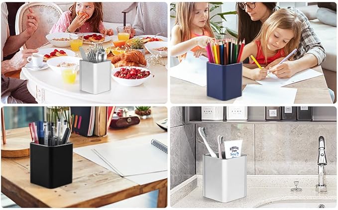 RQB Metal Pen Holder for Desk Square Aluminum Desktop Organizer and Makeup Brush Holder Storage Box for Office, School, Home, and Kids, Non-slip silicone 4×3.15inch (Blue)