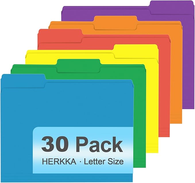 File Folder, HERKKA 30 Pack 1/3 Cut Tab File Folders, Colored File Folders Designed for Office and Classroom Use, Letter Size, Assorted 6 Colors