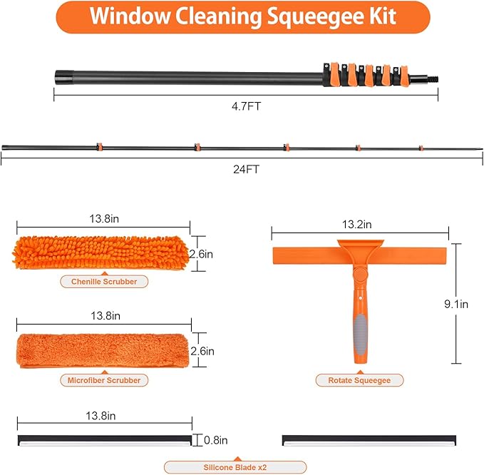 Msnaile Window Washing Kit with Extension Pole 4.7 to 24FT, Long Squeegee for Window Cleaning Indoor Outdoor, Carbon Fiber Telescopic Pole for Window Cleaner Tool with Microfibre Pad & Chenille Cloth