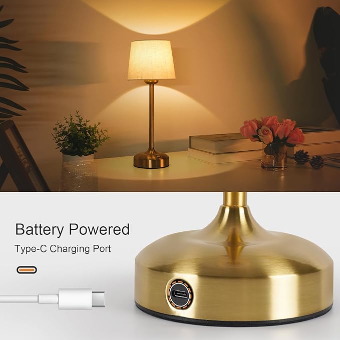 YAYZA! Cordless Table Lamp Adjustable Height Desk lamp, Fabric Shade 7500mAh Rechargeable LED Wireless Touch Night Light Stepless Dimming, 3 Color Temperatures with Edison Bulb (Short Gold - 1 Pack)