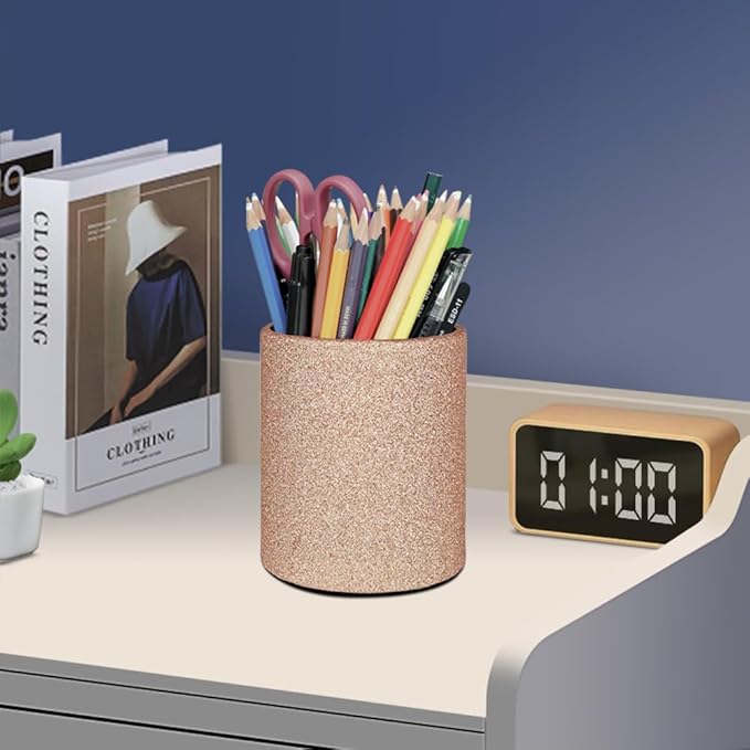 CXLE Pencil Holder Desk Organizer, PU Leather Pen Holder for Desk Decor Organizer Cosmetics Brush Holder for Teachers Students Storage Box Office Classroom(Gold)